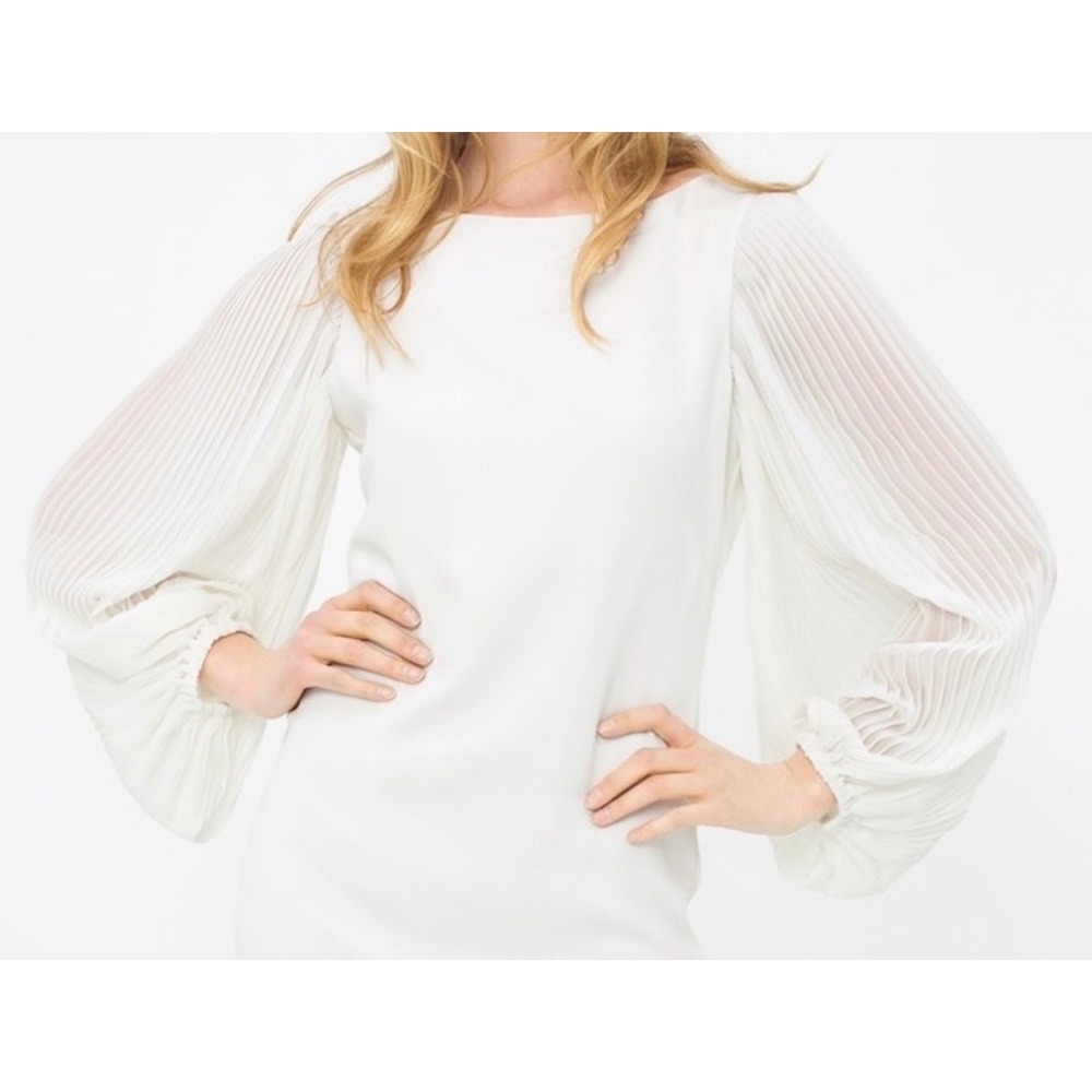 White House Black Market Pleated Balloon Sleeve Shift Dress Ecru White Size 2